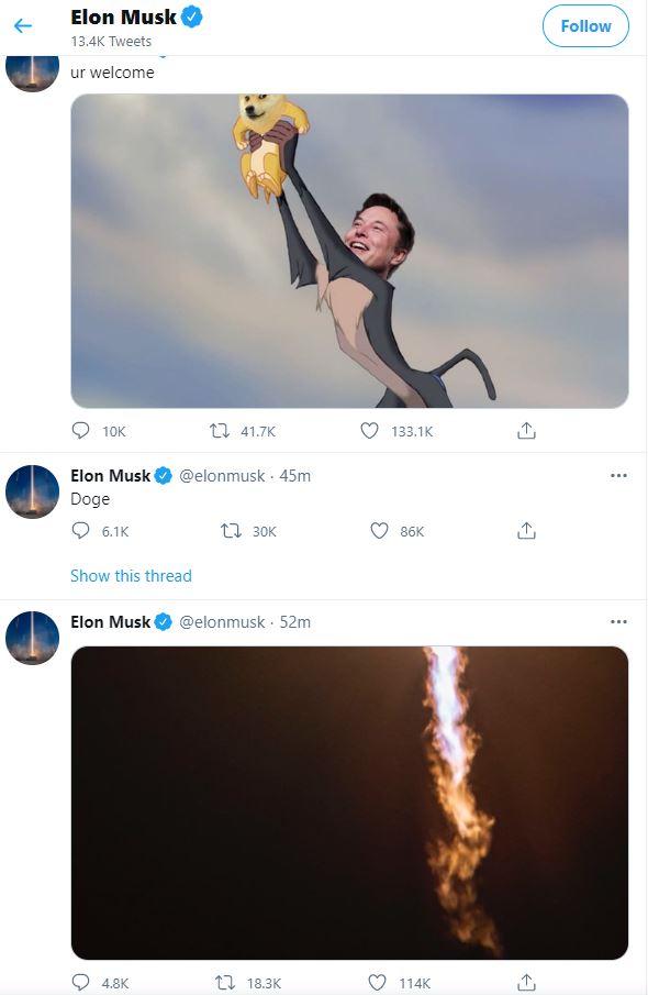 일론 머스크, 도지코인 밈 트윗 올려…도지코인 폭등 일론 머스크, 도지코인 밈 트윗 올려…도지코인 폭등