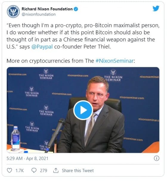 피터 틸 “비트코인, 중국의 금융 무기” 경고