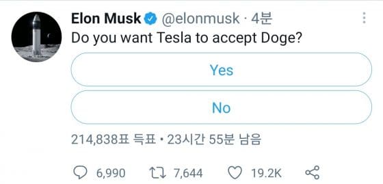 테슬라, 도지코인으로도 결제? 머스크 설문조사 진행
