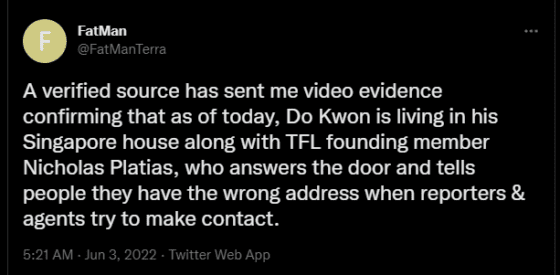 테라 리서치포럼 팻맨 “3일 현재 권도형은 싱가포르에 있다” 주장