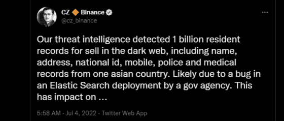 창펑자오 “한 아시아 국가 10억명 정보 다크웹에서 판매 감지”