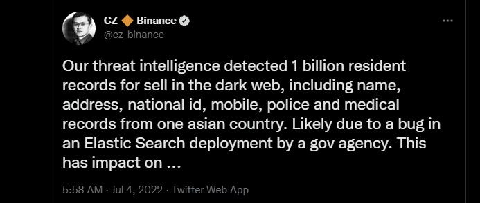 창펑자오 “한 아시아 국가 10억명 정보 다크웹에서 판매 감지”