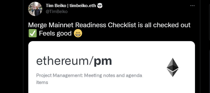 팀 베이코 “이더리움 머지 준비 완료” …한국시간 9월15일 오전 5시57분34초