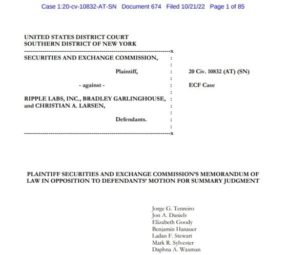 미 SEC, “리플 증권으로 판매됐다” …세 가지 주장 법원에 제시