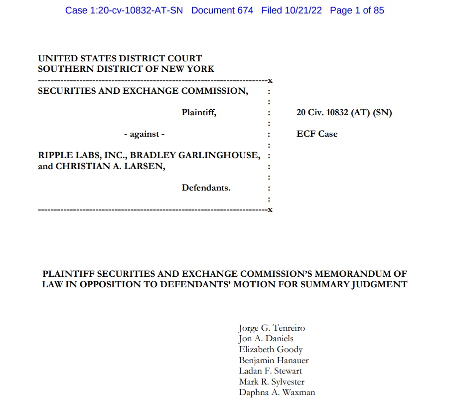 미 SEC, “리플 증권으로 판매됐다” …세 가지 주장 법원에 제시