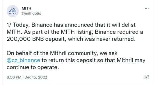 바이낸스, 미스릴 상폐 후폭풍… CZ에게 ‘예치금 5200만 달러 반환’ 요구