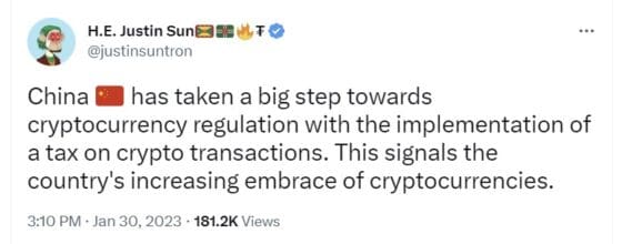 [사실은] 저스틴 선 “중국 암호화폐 거래세 부과, 암호화폐 수용 증거” 주장, 확인해 보니…