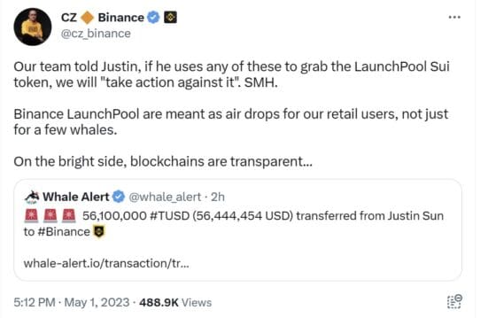 창펑자오, 저스틴 선에게 경고 “TUSD로 수이(Sui) 토큰 노렸다간 조치할 것”… 저스틴 ‘급사과’