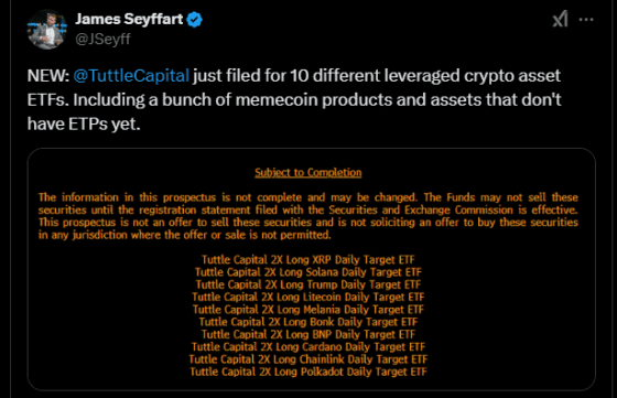 [주요 뉴스] 튜틀캐피탈, 2배 레버리지 암호화폐 ETF 출시 제안