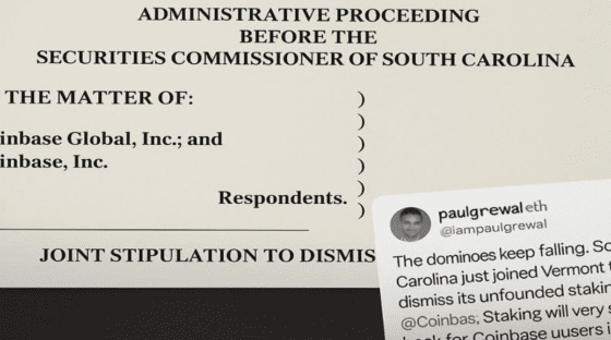 美 사우스캐롤라이나, 코인베이스 스테이킹 소송 철회