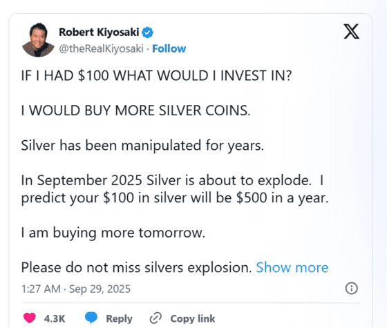 로버트 기요사키 “은, 1년 뒤 5배 뛴다”… 지금이 기회, 매수 권고