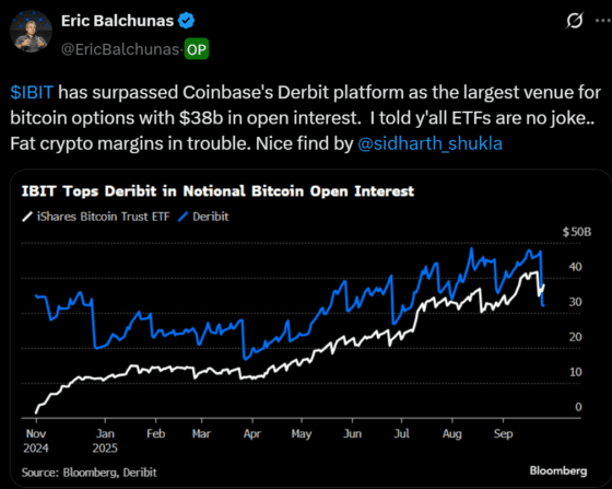 블랙록 IBIT, 데리빗 제치고 비트코인 옵션 1위…ETF 기반 파생 전략 시대 열렸다