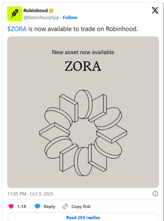 ZORA, 로빈후드 상장에 69% 급등…토큰화 콘텐츠 기대감↑