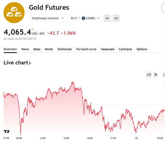 금값, 이틀 연속 하락해 4065달러… UBS “조정 후 4700달러 가능”