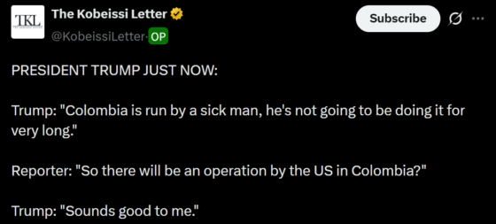 트럼프 “병자가 콜롬비아 통치…’콜롬비아 작전’ 좋은생각”