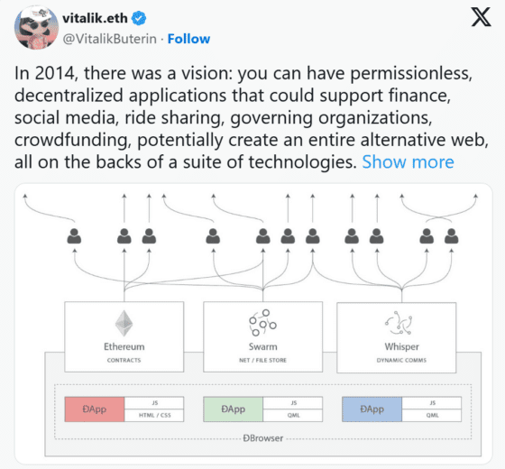 “이더리움 비전의 시대 끝났다”…부테린 “웹3는 이제 현실”